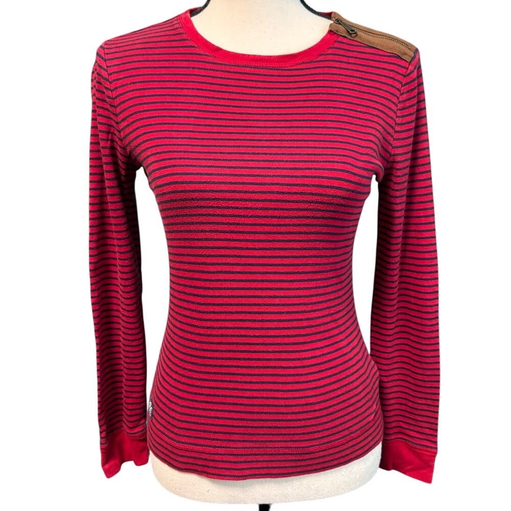LRL Lauren Jeans Co Red Navy Stripe Long Sleeve Suede Elbow Women's Small